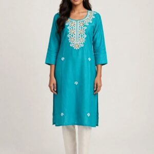 Aqua Fiesta - Turquoise Cotton Embroidered Short Kurti with White Chikankari Work