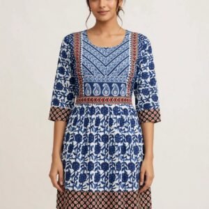 Indigo Blue Jaipuri Cotton Frock Style Short Kurti