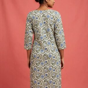 Cream & Blue Floral Jaal Printed Embroidered Cotton Kurti