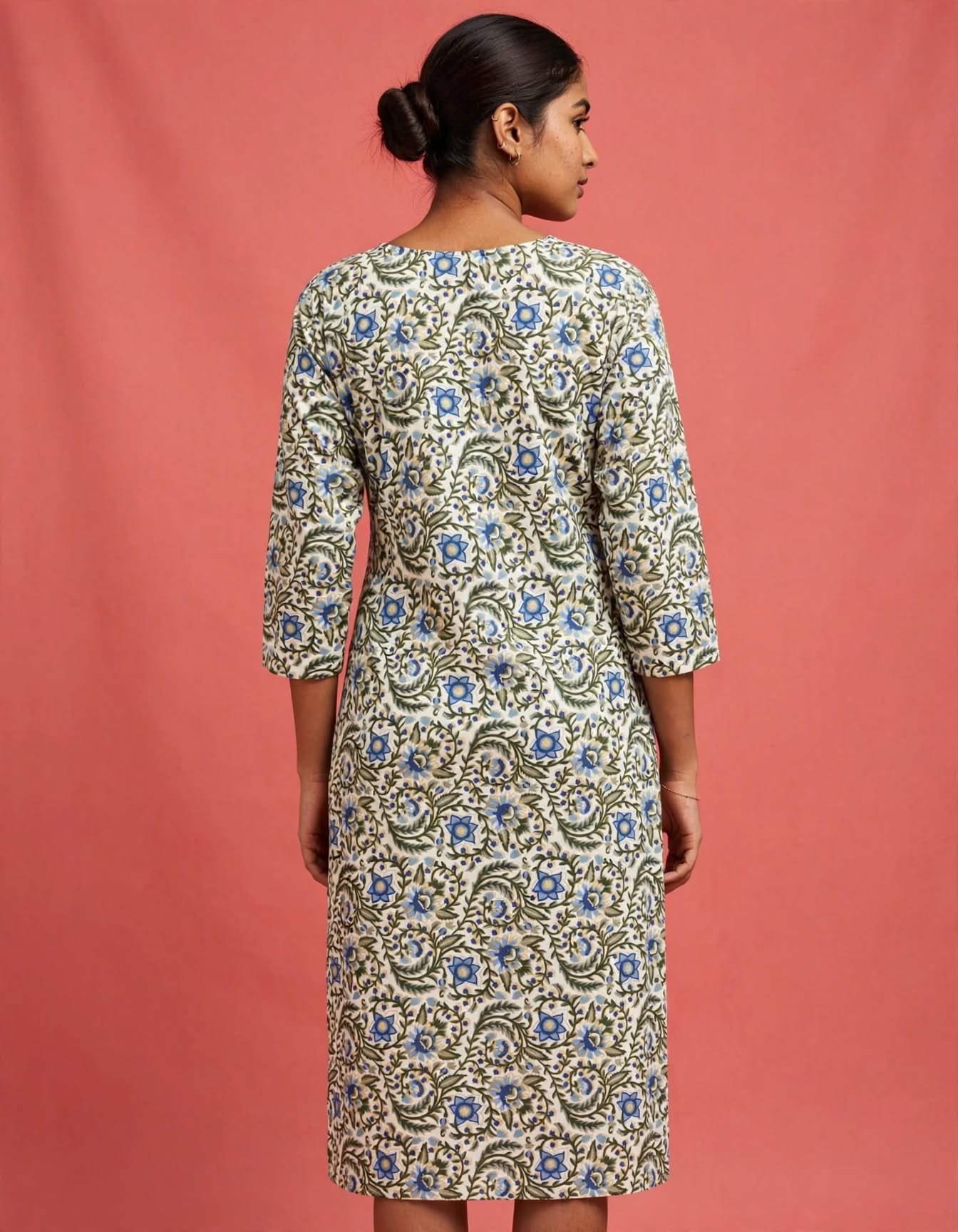 Cream & Blue Floral Jaal Printed Embroidered Cotton Kurti - Image 2