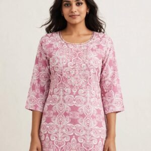 Dusty Pink & White Printed Cotton Short Kurti with Sequin Yoke Work