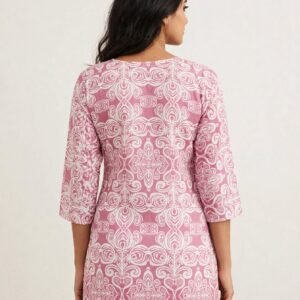 Dusty Pink & White Printed Cotton Short Kurti with Sequin Yoke Work