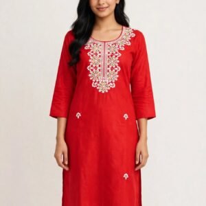 Scarlet Bloom - Red Cotton Embroidered Short Kurti with Lucknowi Chikankari Work