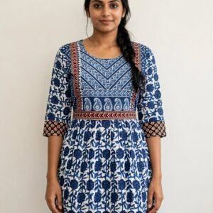 Indigo Blue Jaipuri Cotton Frock Style Short Kurti