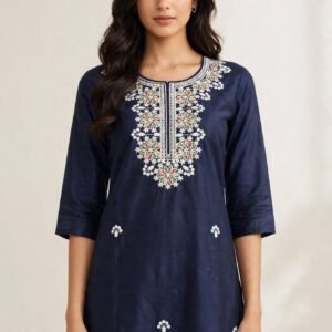 Midnight Blue - Navy Cotton Embroidered Short Kurti with White Chikankari Work