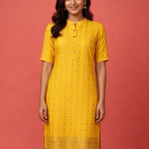 Mustard Yellow Foil Printed Straight Cotton Kurti With Border