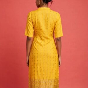 Mustard Yellow Foil Printed Straight Cotton Kurti With Border