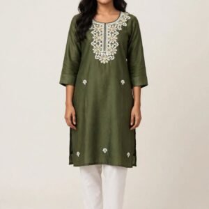 Mehndi Charm - Olive Green Cotton Embroidered Short Kurti with White Chikankari Work
