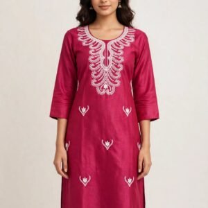 Rani Elegance - Magenta Cotton Embroidered Straight Kurti with White Lucknowi Chikankari Work