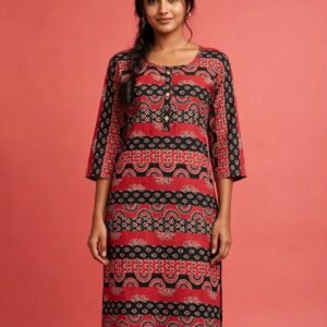 Red & Black Ajrakh Block Print Straight Cotton Kurti