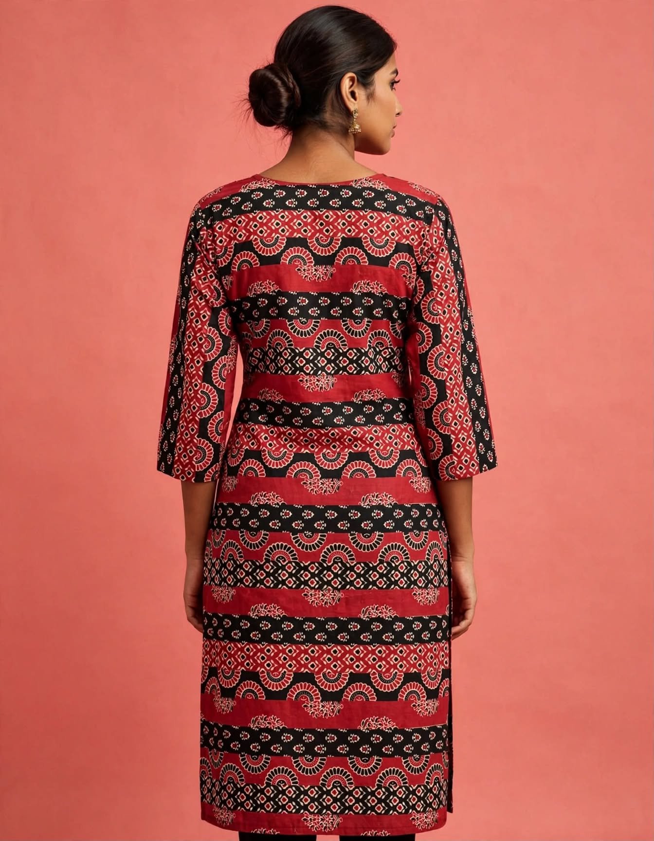 Red & Black Ajrakh Block Print Straight Cotton Kurti - Image 2