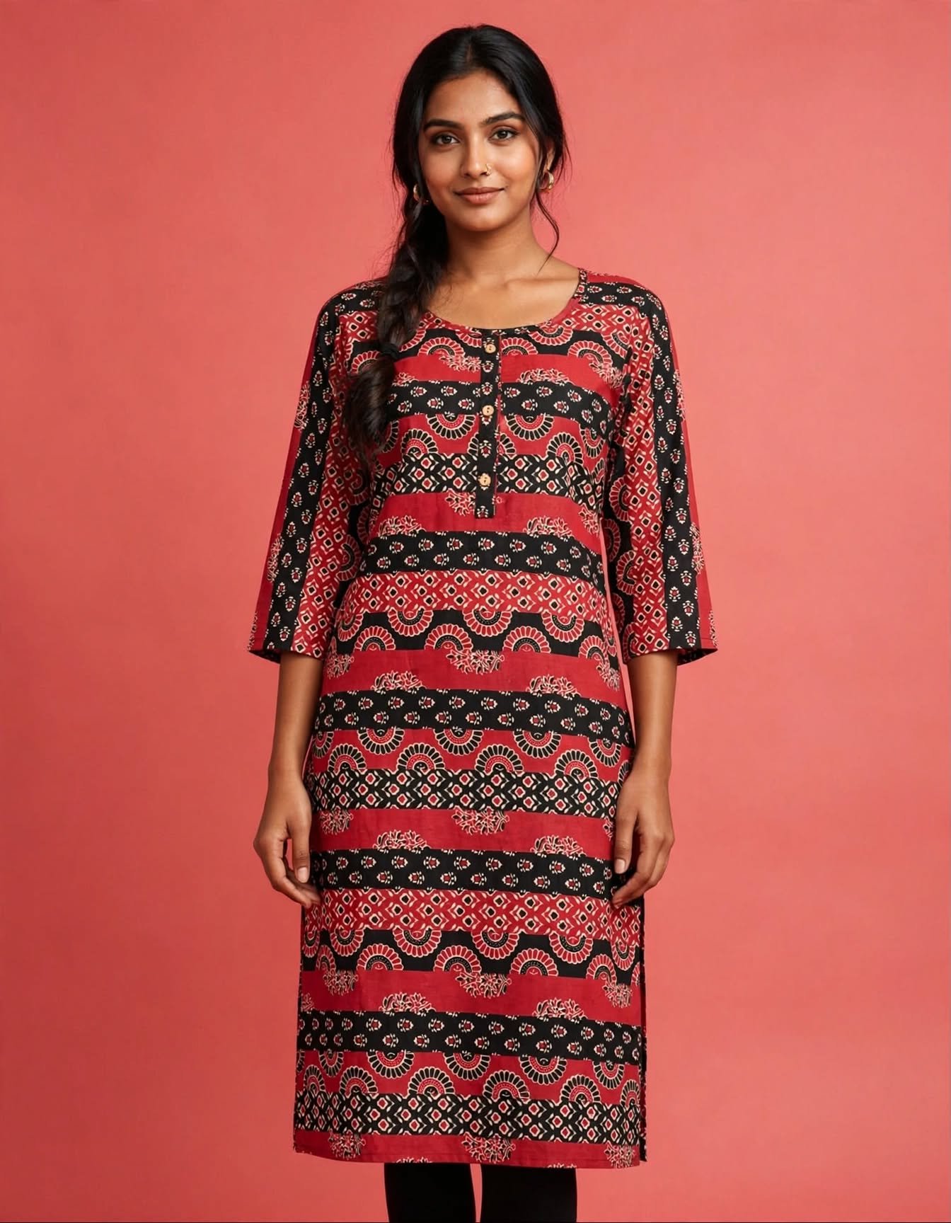 Red & Black Ajrakh Block Print Straight Cotton Kurti