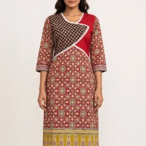 Red Rani Ajrakh - Maroon Angrakha Style Cotton Kurti with Traditional Ajrakh Print & Lace Work