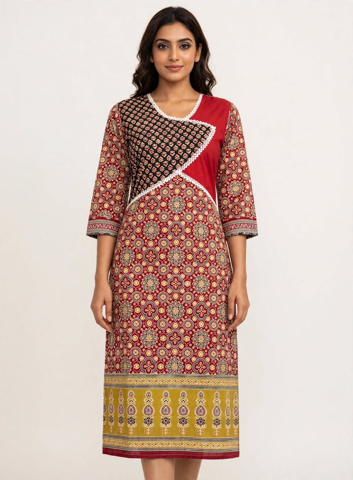 Red Rani Ajrakh - Maroon Angrakha Style Cotton Kurti with Traditional Ajrakh Print & Lace Work