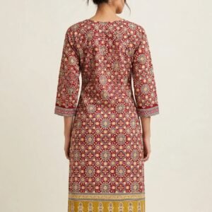 Red Rani Ajrakh - Maroon Angrakha Style Cotton Kurti with Traditional Ajrakh Print & Lace Work