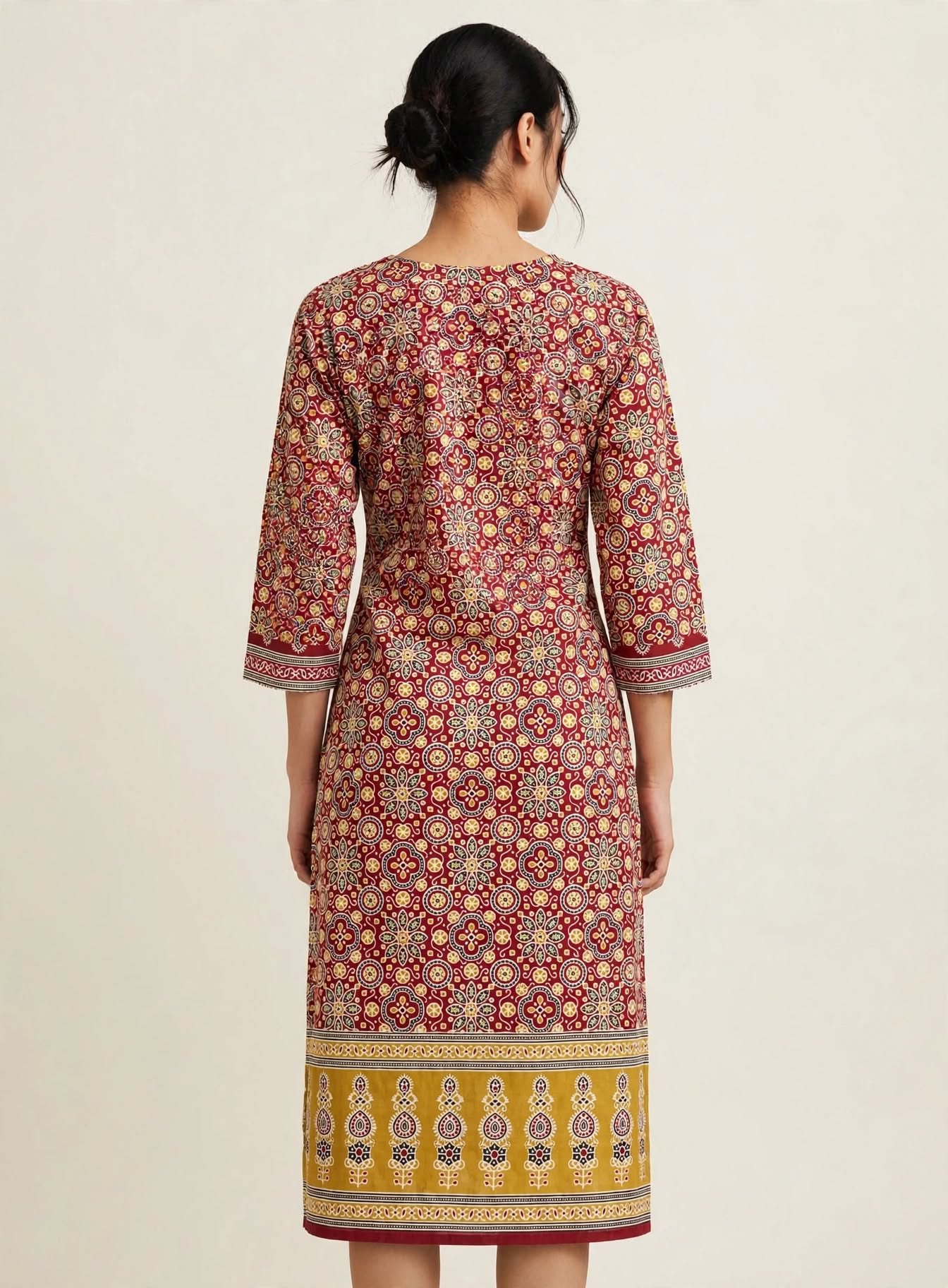 Red Rani Ajrakh - Maroon Angrakha Style Cotton Kurti with Traditional Ajrakh Print & Lace Work - Image 2