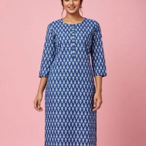 Royal Blue Ikat Printed Straight Cotton Kurti