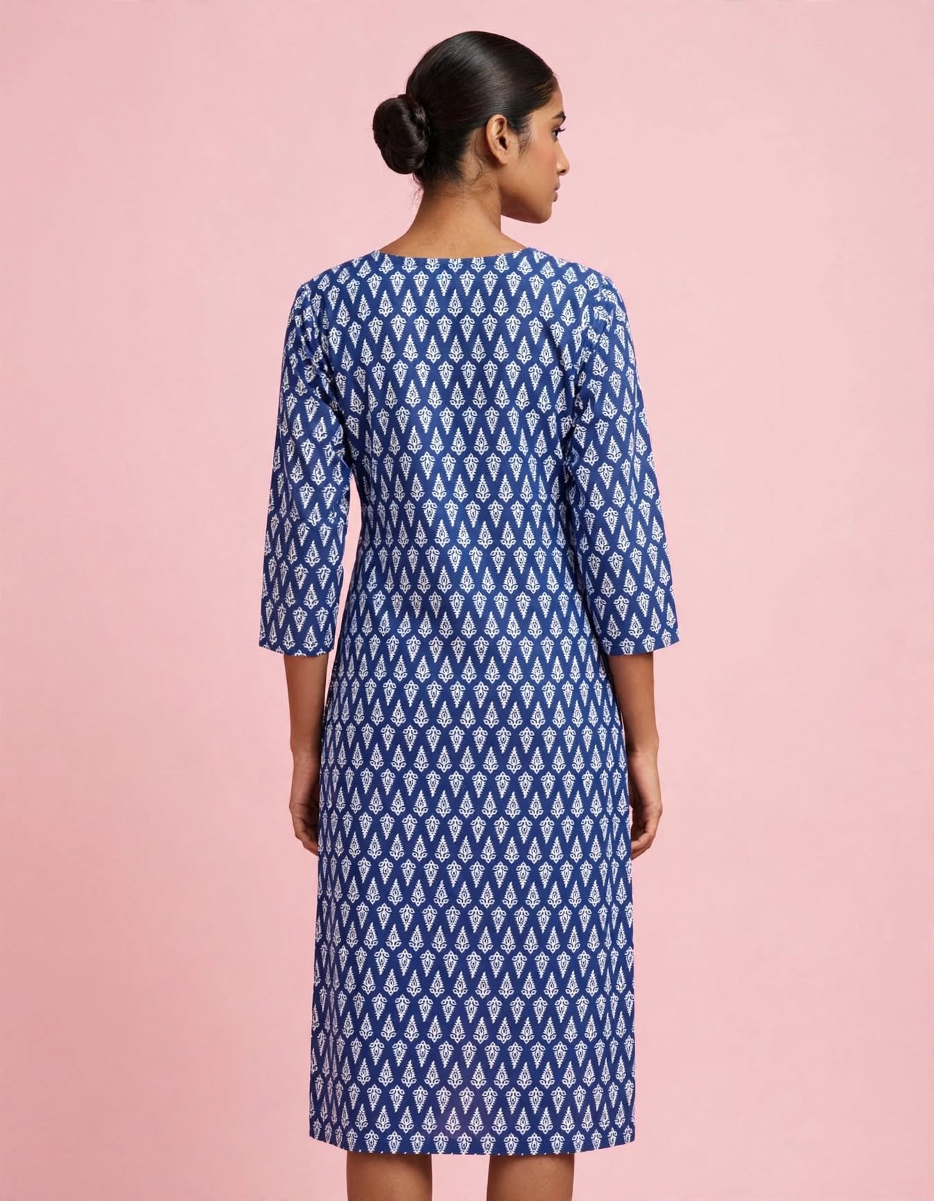 Royal Blue Ikat Printed Straight Cotton Kurti - Image 2