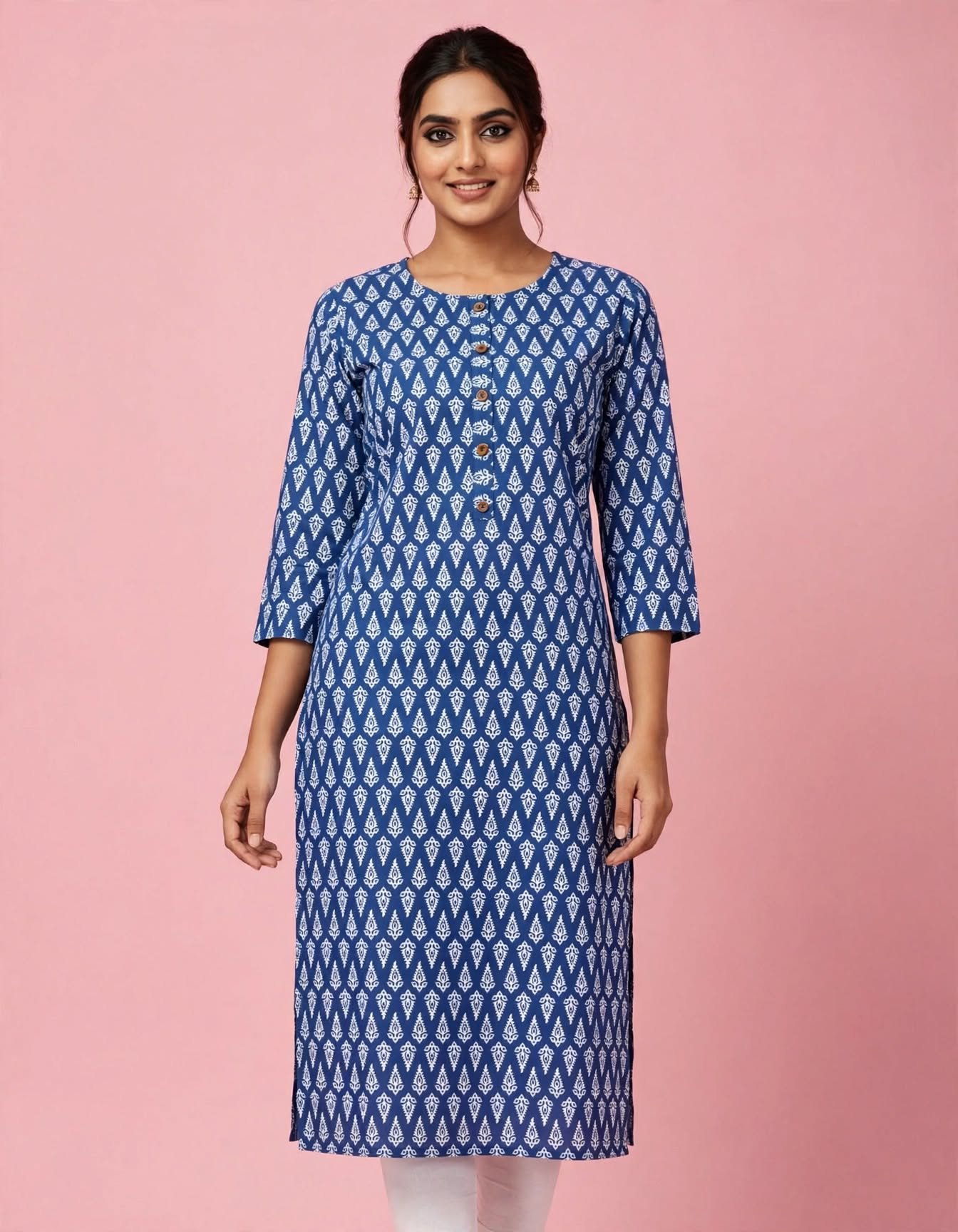 Royal Blue Ikat Printed Straight Cotton Kurti