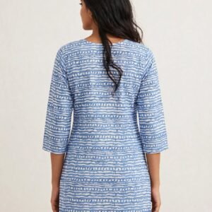 Sky Blue & White Striped Cotton Kurti with Floral Yoke Embroidery