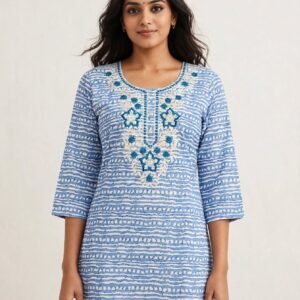 Sky Blue & White Striped Cotton Kurti with Floral Yoke Embroidery