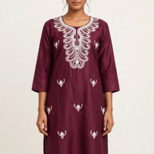 Wine Royalty - Wine Cotton Embroidered Straight Kurti with White Lucknowi Chikankari Work